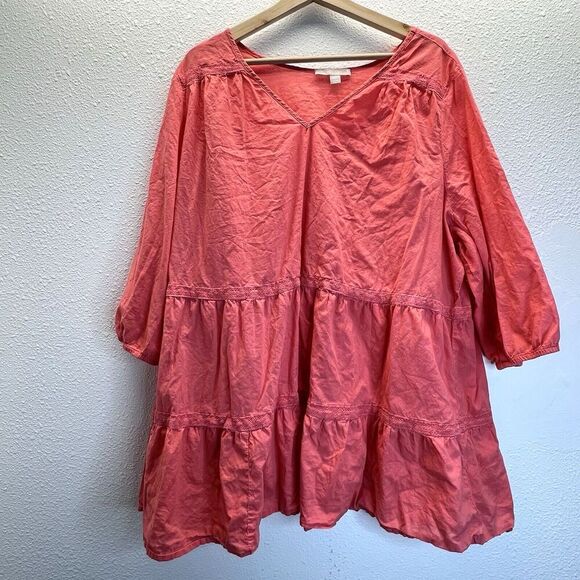Woman Within coral  Chambray  Tunic Top 3/4 Sleeve casual v neck plus size 2X. - Picture 1 of 8